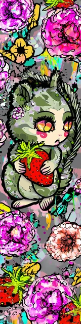 Free kawaii bookmark featuring a squirrel sneaking with a strawberry